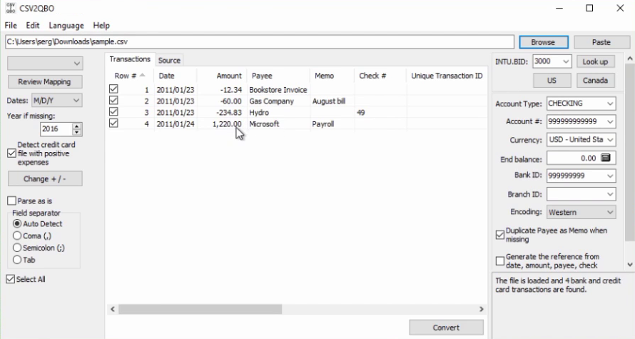 quickbooks 2015 for mac import transactions credit card charges